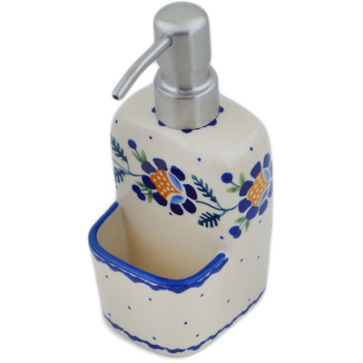 Polish Pottery Soap dispenser with holder Orange And Blue Flower