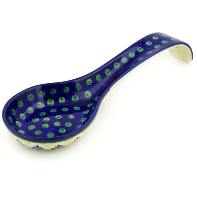 Polish Pottery Spoon Rest 12&quot; Green Gingham Peacock