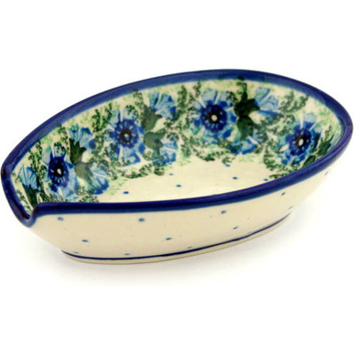 Polish Pottery Spoon Rest 5&quot; Blue Bell Wreath