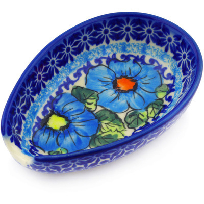 Polish Pottery Spoon Rest 5&quot; Bold Blue Poppies UNIKAT