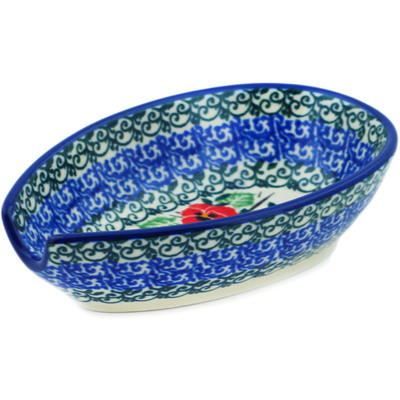 Polish Pottery Spoon Rest 5&quot; Red Pansy