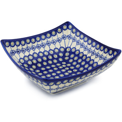 Polish Pottery Square Bowl 11&quot; Flowering Peacock