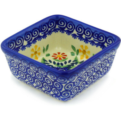 Polish Pottery Square Bowl 4&quot; Wave Of Flowers