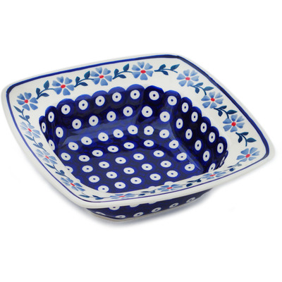 Polish Pottery Square Bowl 8&quot; Peacock Forget-me-not