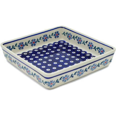 Polish Pottery Square Bowl 8&quot; Peacock Forget-me-not