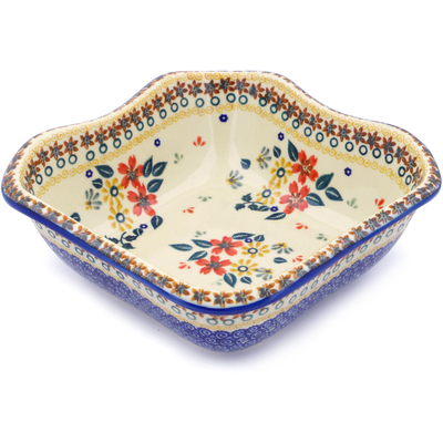 Polish Pottery Square Bowl 8&quot; Red Anemone Meadow UNIKAT
