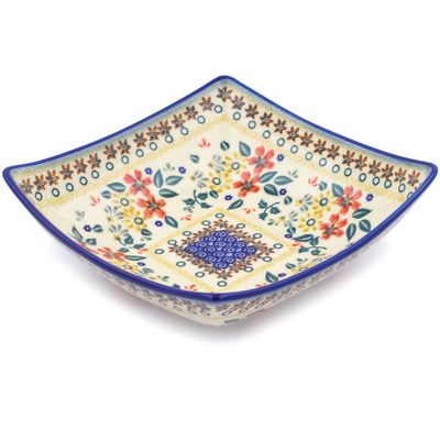Polish Pottery Square Bowl 8&quot; Red Anemone Meadow UNIKAT
