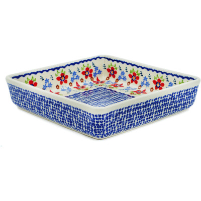 Polish Pottery Square Bowl 8&quot; Red Flower Meadow