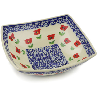 Polish Pottery Square Bowl 8&quot; Wind-blown Poppies
