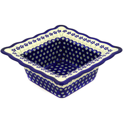 Polish Pottery Square Bowl 9&quot; Flowering Peacock