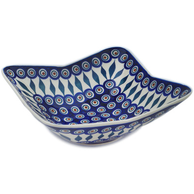 Polish Pottery Square Bowl 9&quot; Peacock