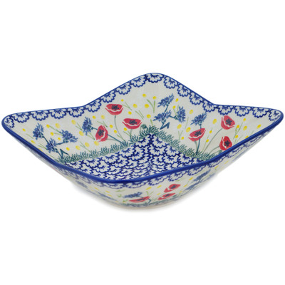 Polish Pottery Square Bowl 9&quot; Poppies And Cornflowers UNIKAT