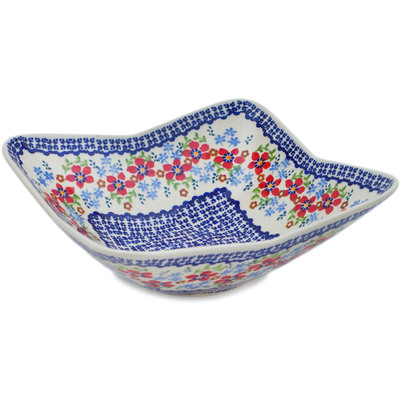 Polish Pottery Square Bowl 9&quot; Red Flower Meadow