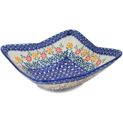 Polish Pottery Square Bowl 9&quot; Wave Of Flowers