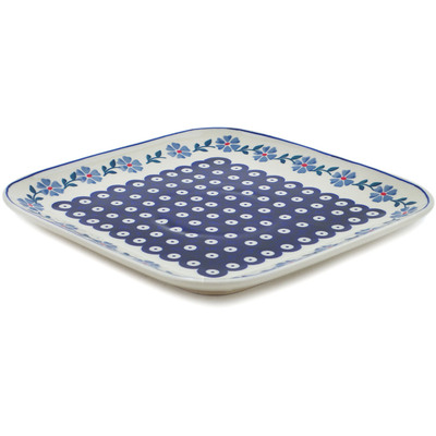 Polish Pottery Square Plate 10&quot; Peacock Forget-me-not