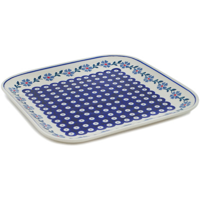 Polish Pottery Square Plate 10&quot; Peacock Forget-me-not