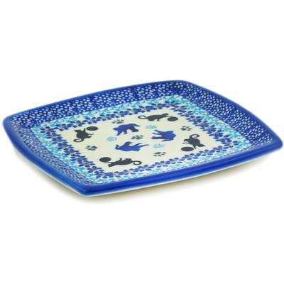 Polish Pottery Square Plate 7&quot; Kitty Paw Play Time