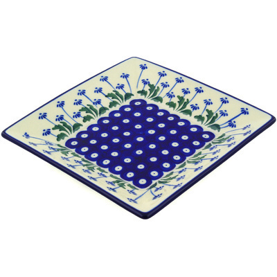 Polish Pottery Square Plate 8&quot; Blue Daisy Peacock