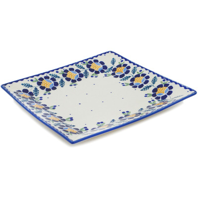 Polish Pottery Square Plate 9&quot; Orange And Blue Flower