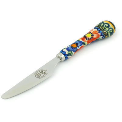 Polish Pottery Stainless Steel Knife 8&quot; Blue And Red Poppies UNIKAT