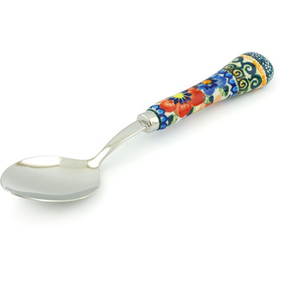Polish Pottery Stainless Steel Spoon 8&quot; Blue And Red Poppies UNIKAT