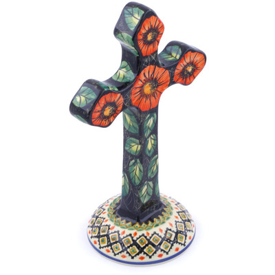 Polish Pottery Standing Cross 10&quot; Poppy Passion UNIKAT
