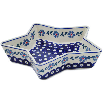 Polish Pottery Star Shaped Bowl 10&quot; Peacock Forget-me-not