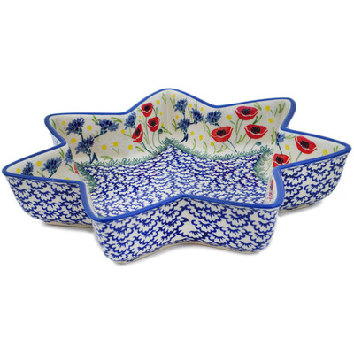 Polish Pottery Star Shaped Bowl 12&quot; Poppies And Cornflowers UNIKAT