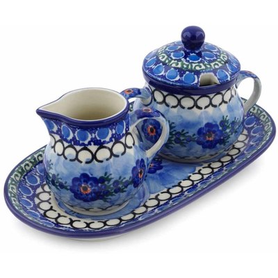 Polish Pottery Sugar and Creamer Set 10&quot; Blue Delight UNIKAT