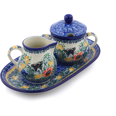 Polish Pottery Sugar and Creamer Set 10&quot; Butterfly Dreams UNIKAT