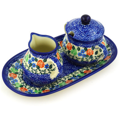 Polish Pottery Sugar and Creamer Set 10&quot; Obsessive Spring
