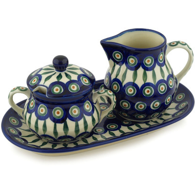 Polish Pottery Sugar and Creamer Set 11&quot; Peacock Leaves