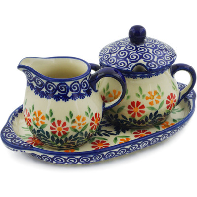 Polish Pottery Sugar and Creamer Set 9&quot; Wave Of Flowers
