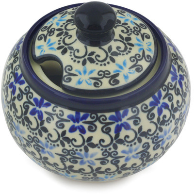 Polish Pottery Sugar Bowl 10 oz Black And Blue Lace