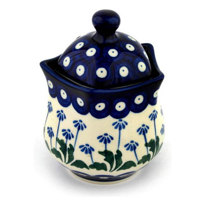 Polish Pottery Sugar Bowl 10 oz Blue Daisy Peacock