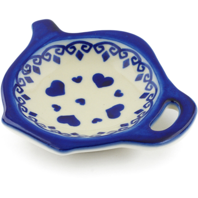 Polish Pottery Tea Bag or Lemon Plate 4&quot; Blue Valentine Hearts