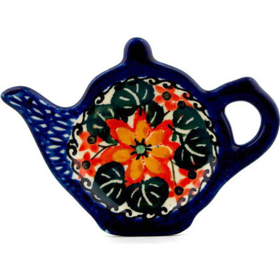 Polish Pottery Tea Bag or Lemon Plate 5&quot; Orange Starflower UNIKAT