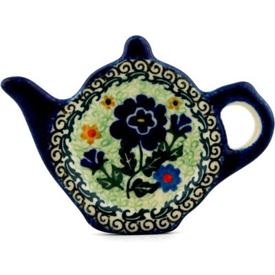 Polish Pottery Tea Bag or Lemon Plate 5&quot; Sapphire Pansies UNIKAT