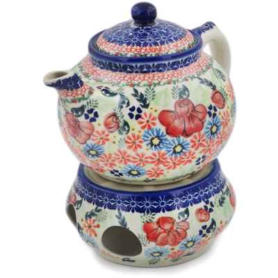 Polish Pottery Tea Coffee Pot with heater Bold Poppies UNIKAT