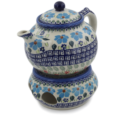 Polish Pottery Tea Coffee Pot with heater Pansy Morning