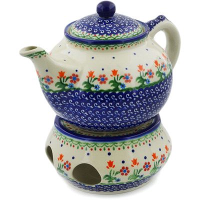 Polish Pottery Tea Coffee Pot with heater Spring Flowers