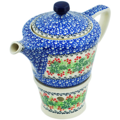 Polish Pottery Tea or Coffe Pot with Heater 14 oz Blooming Rowan