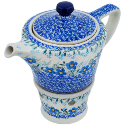Polish Pottery Tea or Coffe Pot with Heater 14 oz Blue Joy