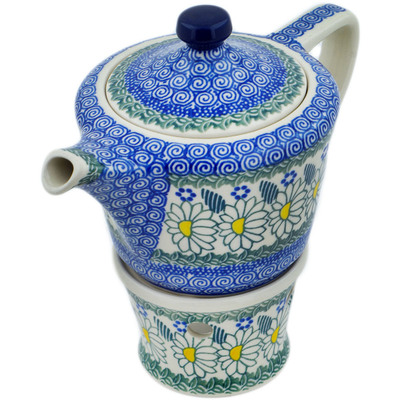 Polish Pottery Tea or Coffe Pot with Heater 14 oz Crazy Daisy