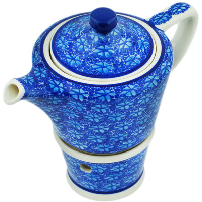 Polish Pottery Tea or Coffe Pot with Heater 14 oz Deep Into The Blue Sea