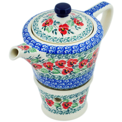 Polish Pottery Tea or Coffe Pot with Heater 14 oz Red Pansy