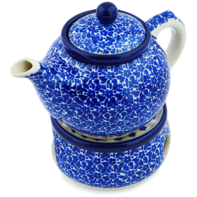 Polish Pottery Tea or Coffe Pot with Heater 15 oz Choppy Waters