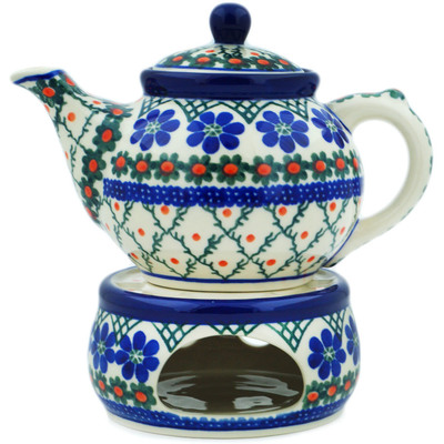 Polish Pottery Tea or Coffe Pot with Heater 15 oz Primrose Trellis