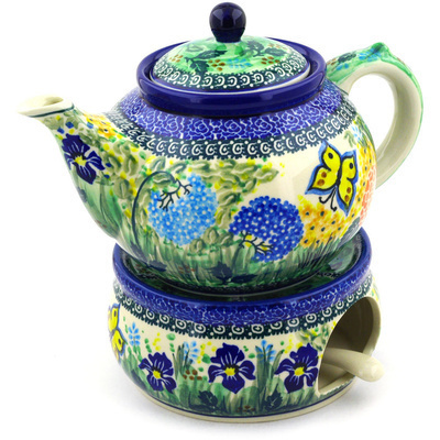 Polish Pottery Tea or Coffe Pot with Heater 40 oz Butterfly Garden UNIKAT