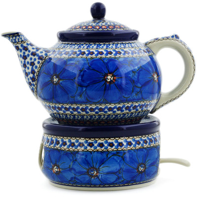Polish Pottery Tea or Coffe Pot with Heater 40 oz Cobalt Poppies UNIKAT